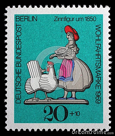 Stamp issued in Germany - Berlin shows Farmer lady approx. 1850, Welfare: Pewter Models series Editorial Stock Photo