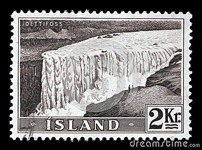 Stamp issued in Iceland shows Dettifoss, Electricity and waterworks series Editorial Stock Photo