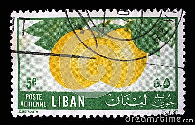 Stamp issued in the Lebanon shows Oranges, Fruit series Editorial Stock Photo