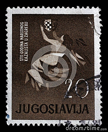 Stamp issued in Yugoslavia shows 100 year Theatre in Zagreb, National Theatre Anniversaries series Editorial Stock Photo