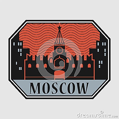 Stamp or label with Moscow Kremlin and text Moscow Vector Illustration