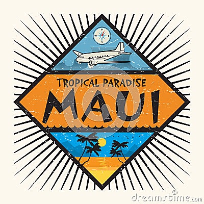 Stamp or label with the name of Maui Island, Hawaii Vector Illustration