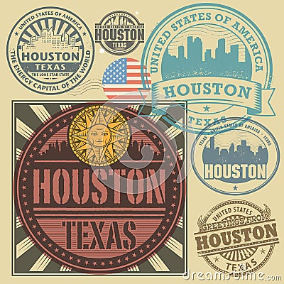 Stamp or label set with text Houston, Texas Vector Illustration