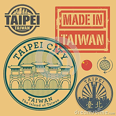 Stamp or label set with text Taipei, Taiwan Vector Illustration