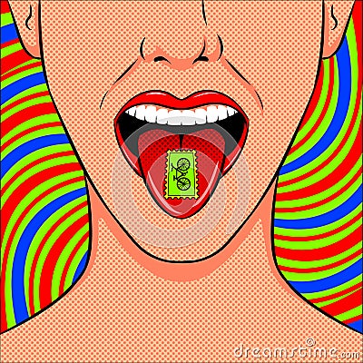 Stamp with LSD drug on tongue pop art vector Vector Illustration