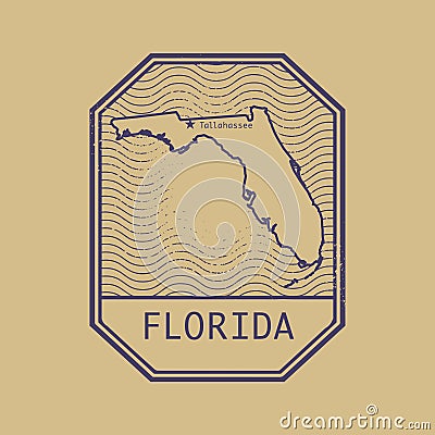 Stamp with the name and map of Florida, United States Vector Illustration