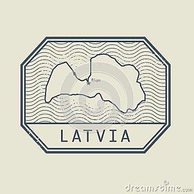 Stamp with the name and map of Latvia Vector Illustration