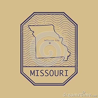 Stamp with the name and map of Missouri, United States Vector Illustration