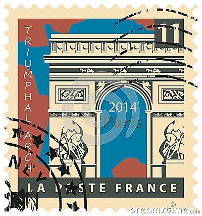 Stamp with Paris Triumphal Arch Vector Illustration