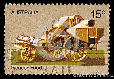 Stamp printed by Australia honoring Australian Pioneer Life shows Horse thresher Editorial Stock Photo