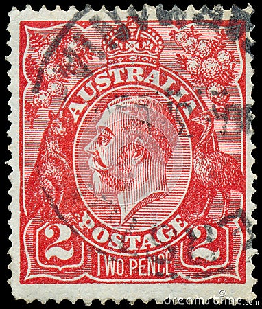 Stamp printed in Australia with the portrait of English King George V Editorial Stock Photo