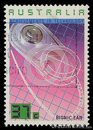 Stamp printed in Australia shows the Bionic Ear, Achievements Technology Editorial Stock Photo