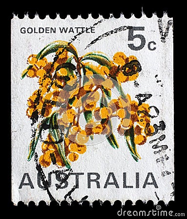 Stamp printed in Australia shows the Golden Wattle Acacia pycnatha, national flower Editorial Stock Photo