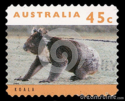 Stamp printed in Australia shows a koala bear Editorial Stock Photo