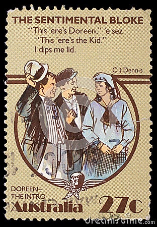 Stamp printed in Australia, shows The Sentimental Bloke, by C.J. Dennis Editorial Stock Photo