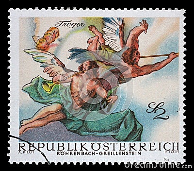 Stamp printed in Austria, is shown Angels, from Last Judgment by Troger Editorial Stock Photo