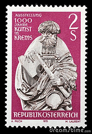 Stamp printed in Austria shows Saint Matthew, Lentl Altar 1520 by Josef Maria Gotz Editorial Stock Photo