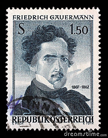 Stamp printed by Austria, shows self portrait of Friedrich Gauermann Editorial Stock Photo