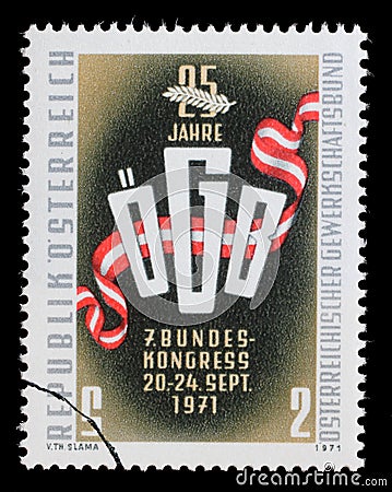 Stamp printed in the Austria shows Trade Union Emblem Editorial Stock Photo