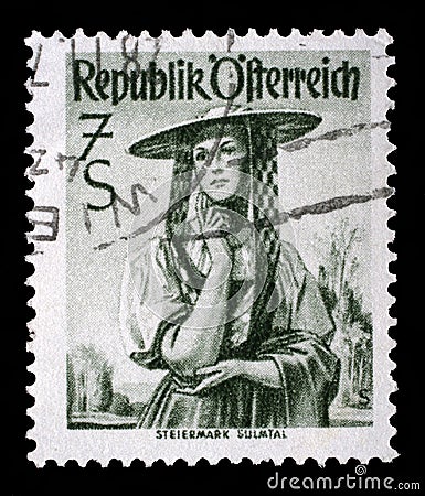 Stamp printed in the Austria shows Woman from Steiermark, Sulm Valley Editorial Stock Photo