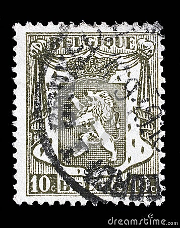 Stamp printed in Belgium shows Belgian coat of arms Editorial Stock Photo