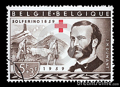 Stamp printed in Belgium shows Henri Dunant, Founder of the Red Cross and Battle of Solferino, Red Cross series Editorial Stock Photo