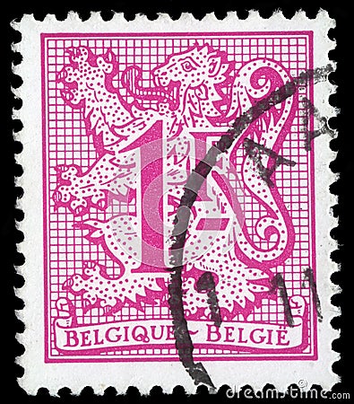 Stamp printed in BELGIUM shows image of The coat of arms of the Kingdom of Belgium Editorial Stock Photo