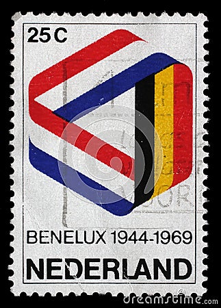 Stamp printed in the Belgium shows Mobius Strip in Benelux Colors Editorial Stock Photo