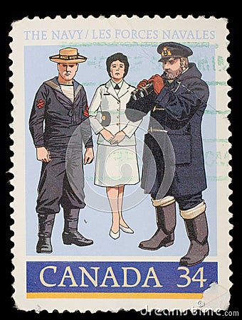 Stamp printed by Canada, shows 1910 Gunner`s Mate, World War II Officer Editorial Stock Photo