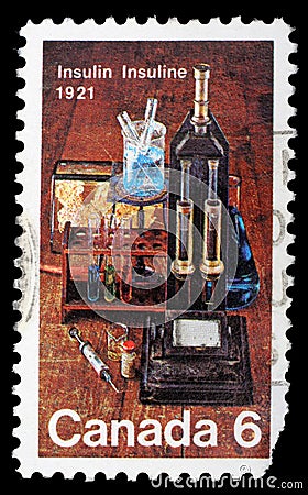 Stamp printed by Canada, shows Laboratory Equipment Used for Insulin Discovery Editorial Stock Photo