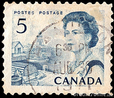 A stamp printed in Canada shows Royal families, Queen Elizabeth II, Wilding Portrait serie Editorial Stock Photo
