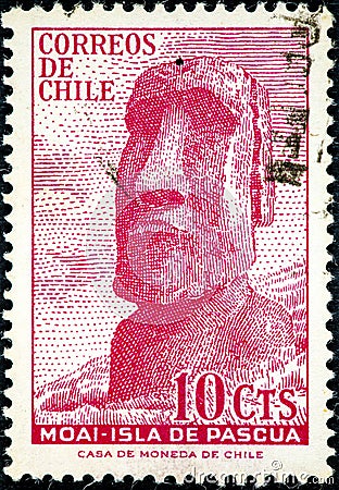 Stamp printed in Chile shows a Moai of Easter Island Editorial Stock Photo