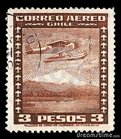 Stamp printed in Chile shows Stinson Faucett F.19 seaplane in flight Editorial Stock Photo