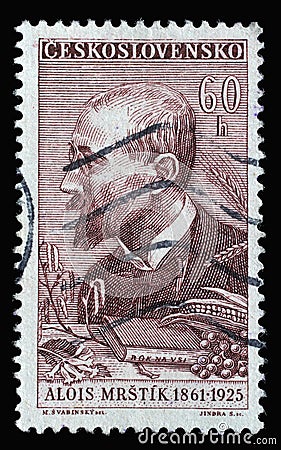 Stamp printed in Czechoslovakia shows Alois Mrstik, 1861-1925, painter, Culture and Science Personalities series Editorial Stock Photo