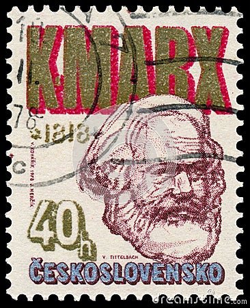 Stamp printed in Czechoslovakia shows Karl Marx Editorial Stock Photo