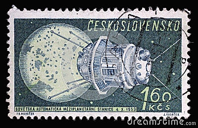 Stamp printed in Czechoslovakia shows Luna 3 photographs of the dark side of the moon Space Research series Editorial Stock Photo