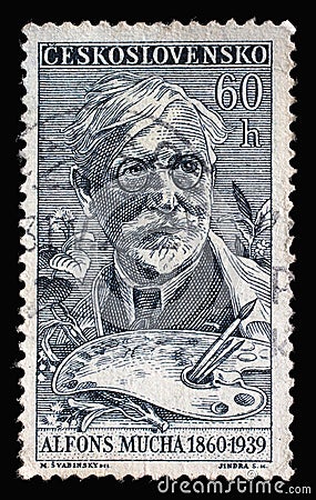 Stamp printed in Czechoslovakia shows a portrait of Alfons Maria Mucha 1860-1939, painter, Stamp Day series Editorial Stock Photo