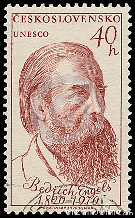 Stamp printed in Czechoslovakia shows portrait Friedrich Engels Editorial Stock Photo