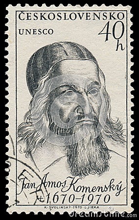 Stamp printed in Czechoslovakia shows portrait Jan Amos Komenski Editorial Stock Photo