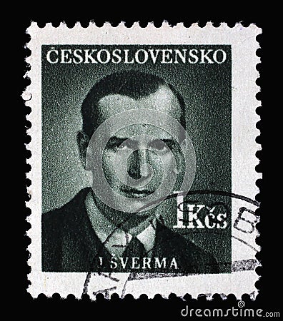 Stamp printed in Czechoslovakia shows portrait of Jan Sverma the series The Cultural and Political Personalities Editorial Stock Photo