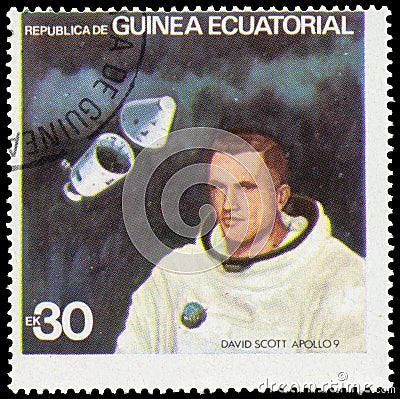 Stamp printed by Equatorial Guinea shows David Scott astronaut Editorial Stock Photo