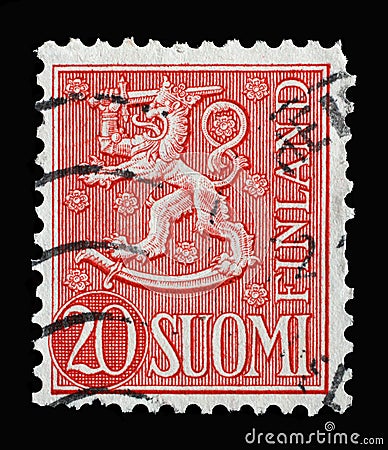Stamp printed in the Finland shows Crowned Lion Coat of Arms of the Republic of Finland Hammarsten-Jansson Design Editorial Stock Photo