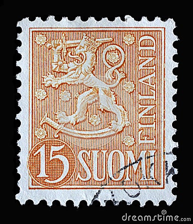 Stamp printed in the Finland shows Crowned Lion Coat of Arms of the Republic of Finland Hammarsten-Jansson Design Editorial Stock Photo