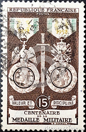 Stamp printed in France, for the centenary of military medals Editorial Stock Photo