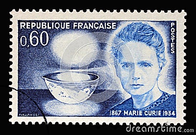 Stamp printed in the France shows Marie Sklodowska Curie 1867-1934, bowl glowing with radium, physicist and chemist Editorial Stock Photo