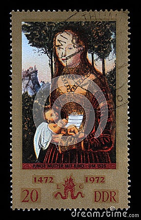 Stamp printed in GDR shows Young mother with child by Lucas Cra Editorial Stock Photo