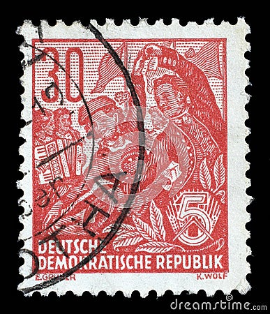 Stamp printed in GDR, shows a Folk dance group Editorial Stock Photo