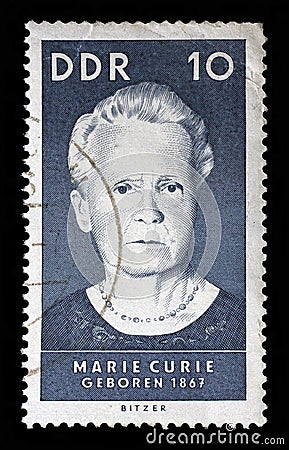 Stamp printed by GDR shows Marie Sklodowska Curie Editorial Stock Photo