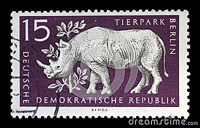 Stamp printed in GDR shows Rhinoceros, Berlin, German Zoological Garden Editorial Stock Photo