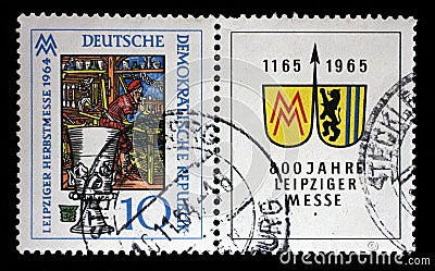 Stamp printed in Germany - Democratic Republic DDR, shows Medieval Glass Workshop, Leipzig Spring Fair Editorial Stock Photo